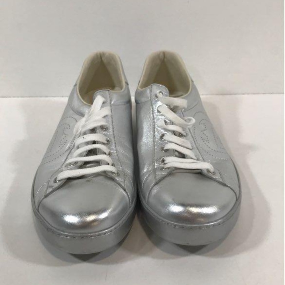 Men’s Authentic Gucci Interlocking G Leather Silver Lace Up Sneakers Size 15 - Picture 4 of 8
